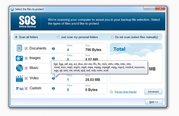 SOS Online Backup – Selecting files for backup SOS Online Backup - Selecting files for backup
