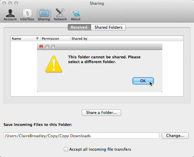 Copy cloud backup – Folder cannot be shared error message