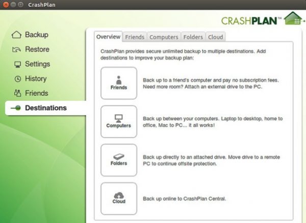 CrashPlan destination CrashPlan destination selection page