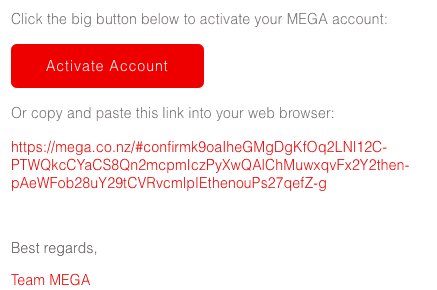 Mega Acount Activation Link Screenshot