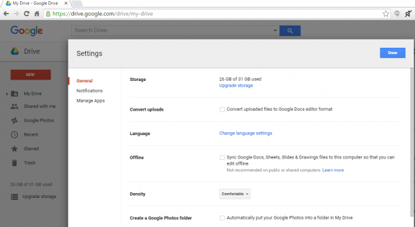 Chrome Google Drive Settings