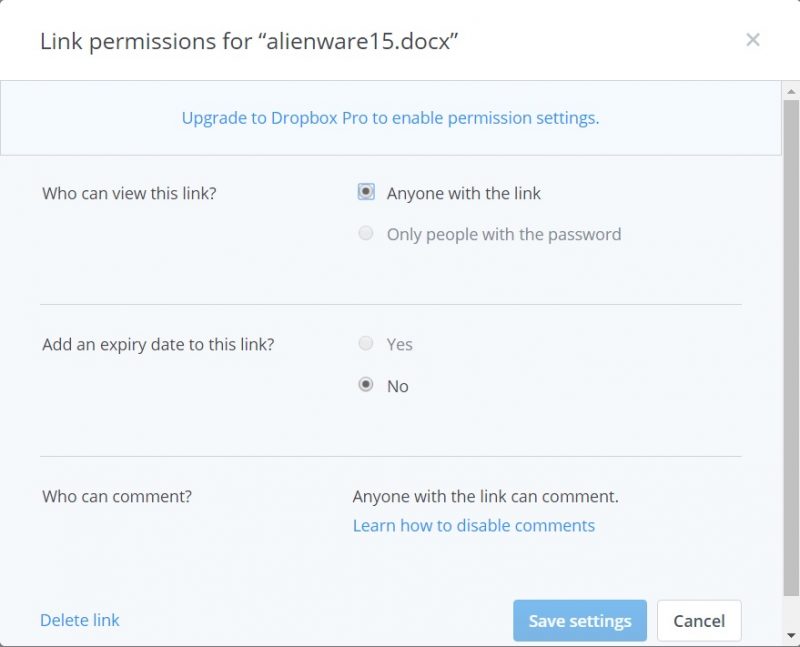 Dropbox link permissions