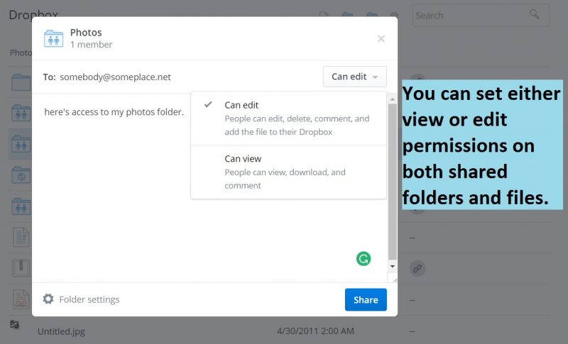 Dropbox share permissions