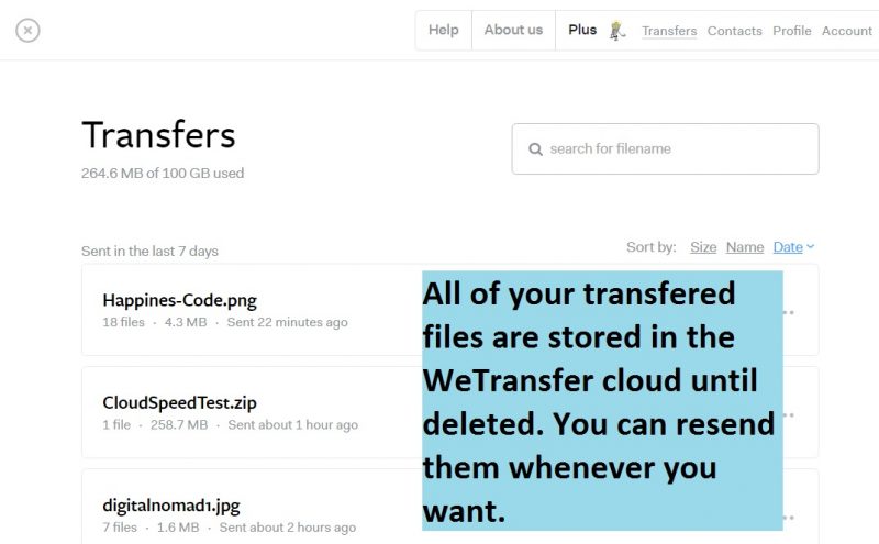 WeTransfer transfer history