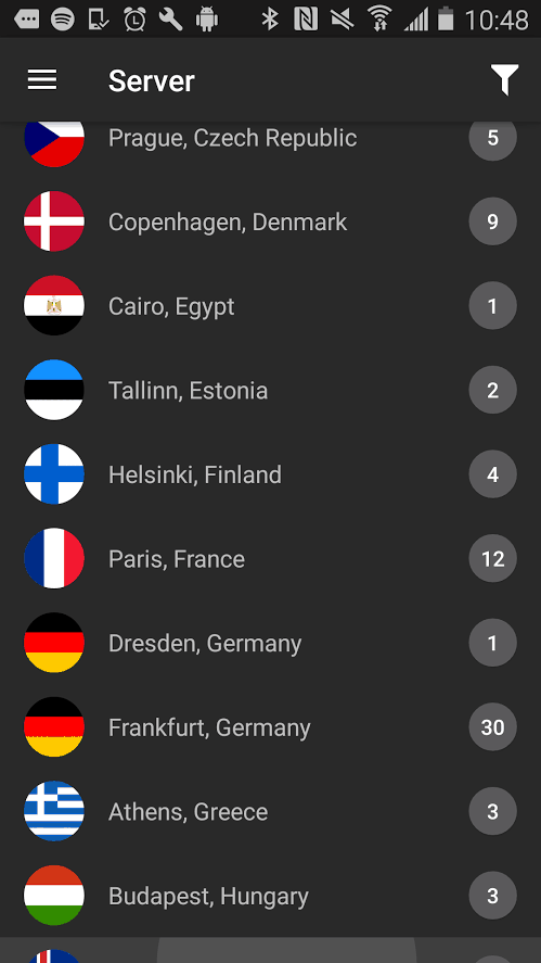 IPVanish Android Server Screen