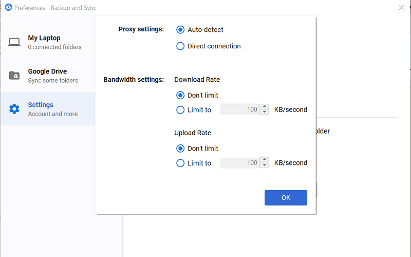Google Drive Network Settings