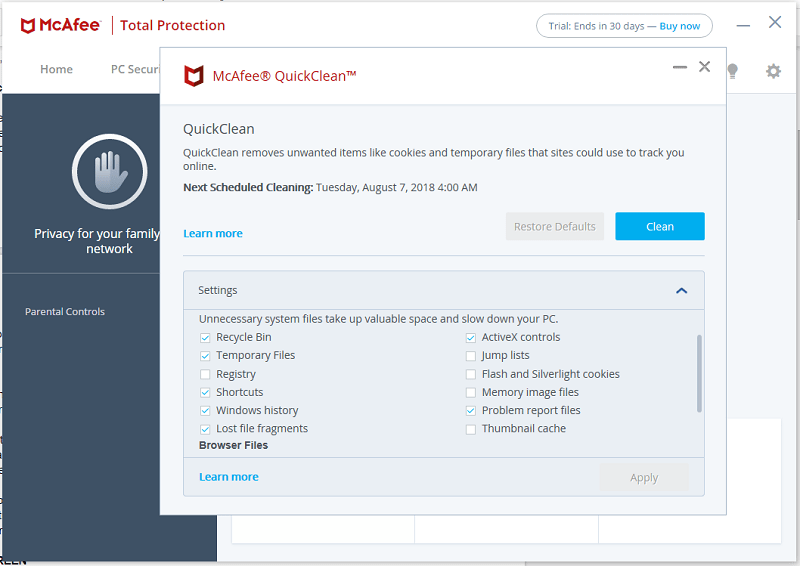 McAfee-Quick-Clean-Settings