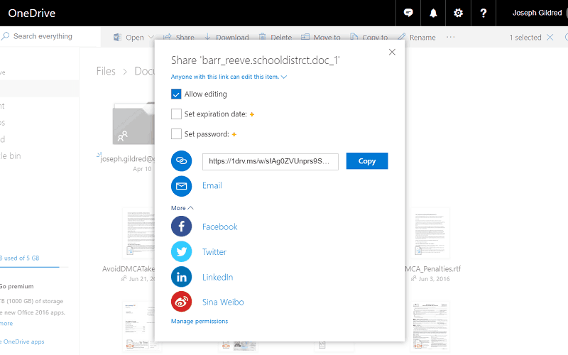 OneDrive Create Link File Sharing