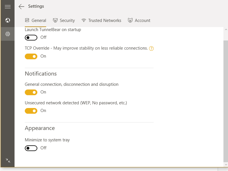 Tunnelbear-Settings