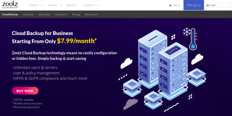 Zoolz Cloud Backup for Business homepage 2019