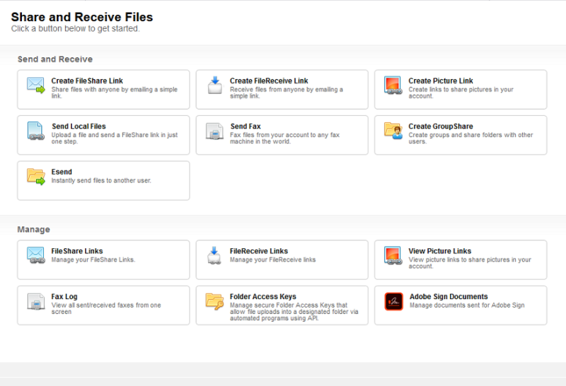filesanywhere share and receive files menu