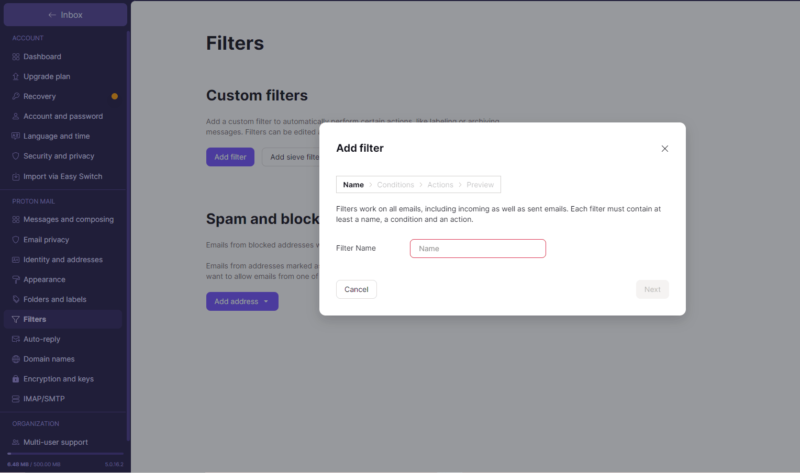 Proton mail filters
