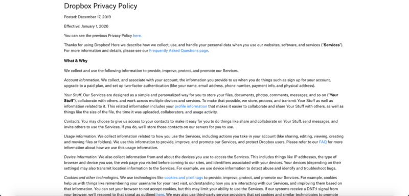 Dropbox Web Privacy Policy