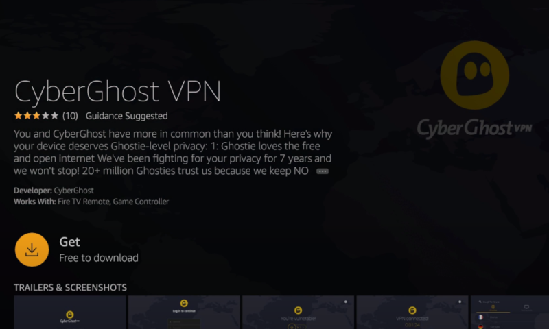 firestick cyberghost app download button