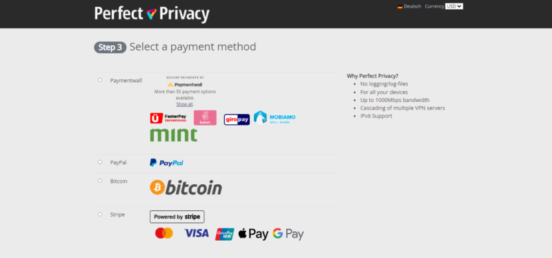 perfect privacy payment methods