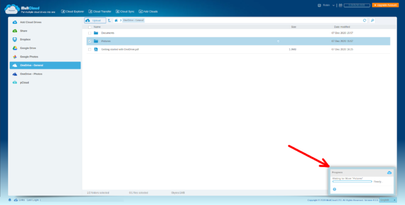OneDrive two accounts MultCloud wait to finish