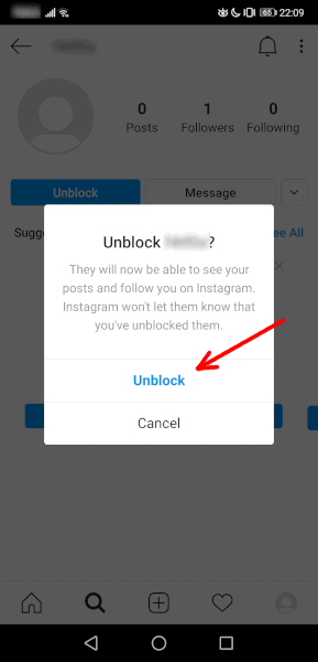 unblock on Instagram through their profile confirmation