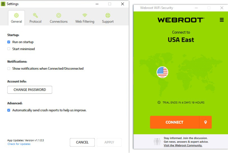 Webroot VPN dashboard