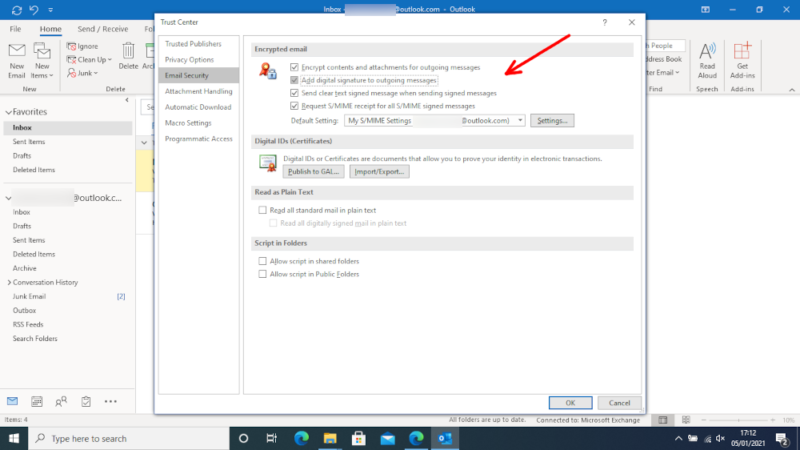 encrypt emails on Outlook check boxes
