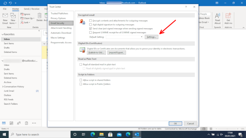 encrypt emails on Outlook settings