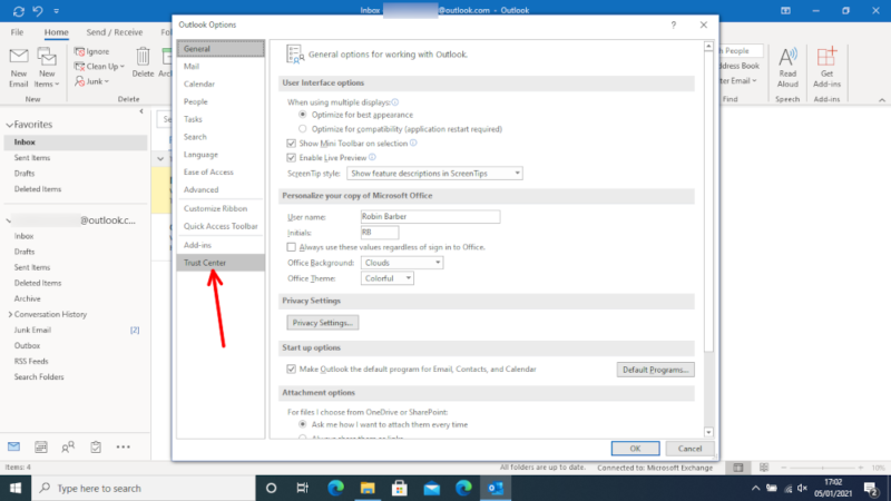 encrypt emails on Outlook trust center