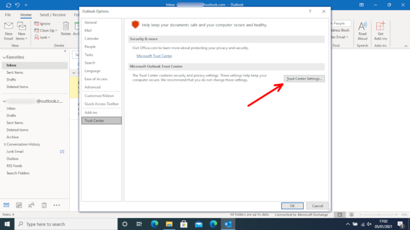 encrypt emails on Outlook trust center settings