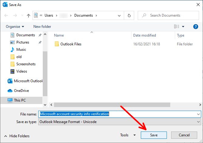 backup outlook save as click save