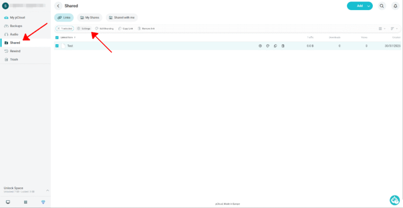 pCloud sharing tab for large files