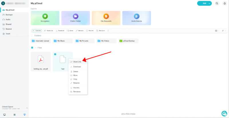 Sharing a large file with pCloud