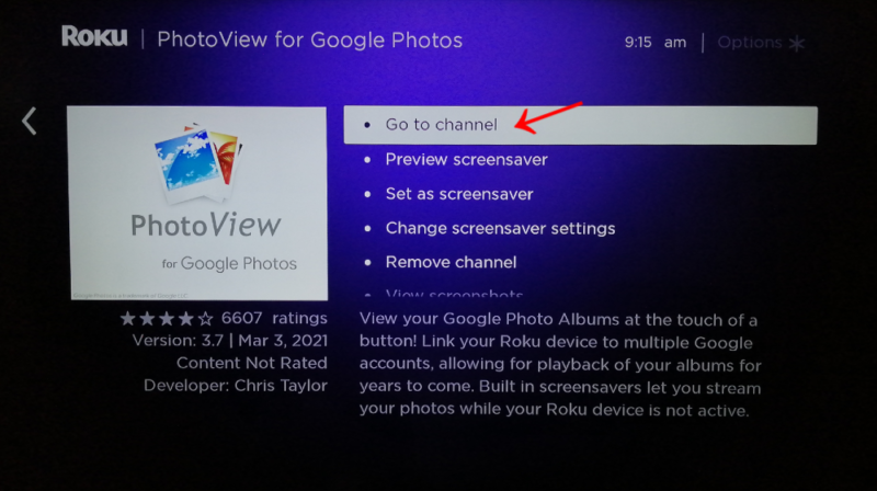 roku google play photos go to channel