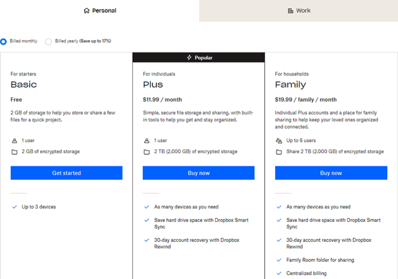 dropbox pricing personal