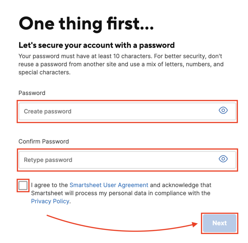 smartsheet setup password