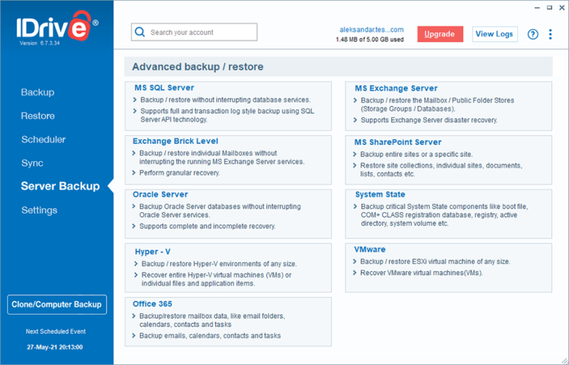 IDrive desktop app server backup tab