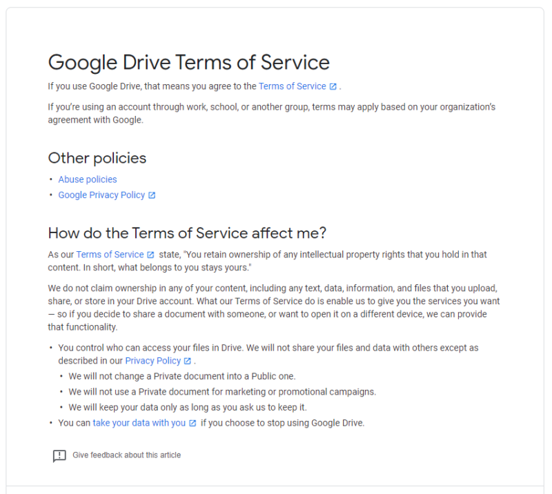 google drive terms of service