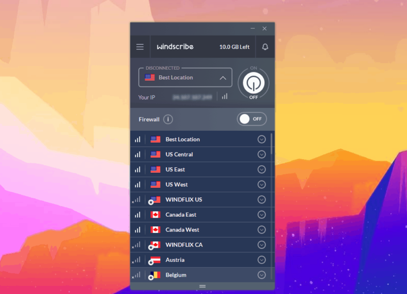windscribe desktop app showing numerous server locations in the U.S. and Canada