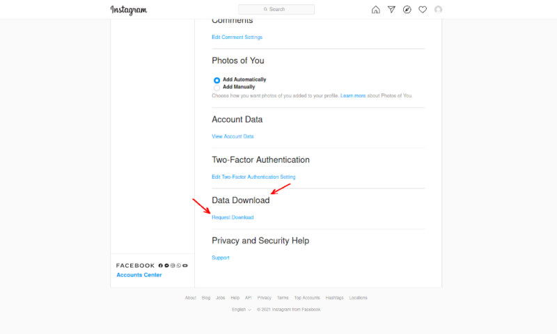 backup social media instagram request download