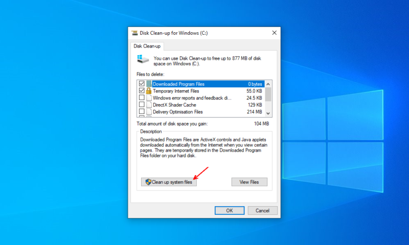 clear space with disk cleanup add system files