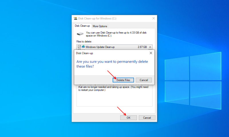 clear space with disk cleanup delete files