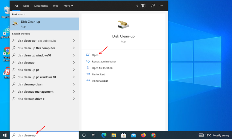 clear space with disk cleanup open the app