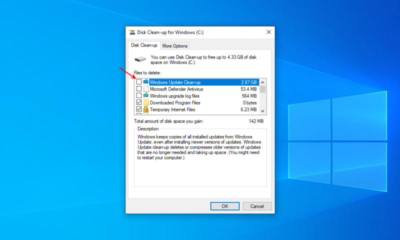 clear space with disk cleanup select categories