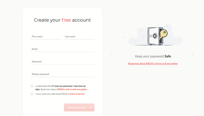 Mega-create-free-account Mega screen view with a prompt for creating a free account