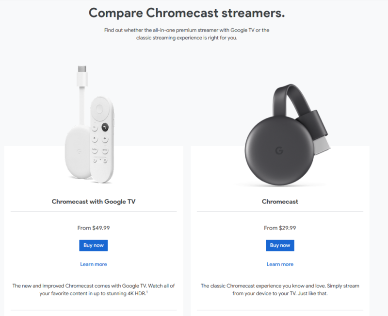 compare chromecast streamers