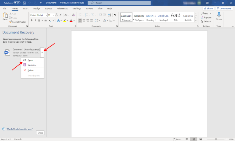 recover word document autorecover restore the file