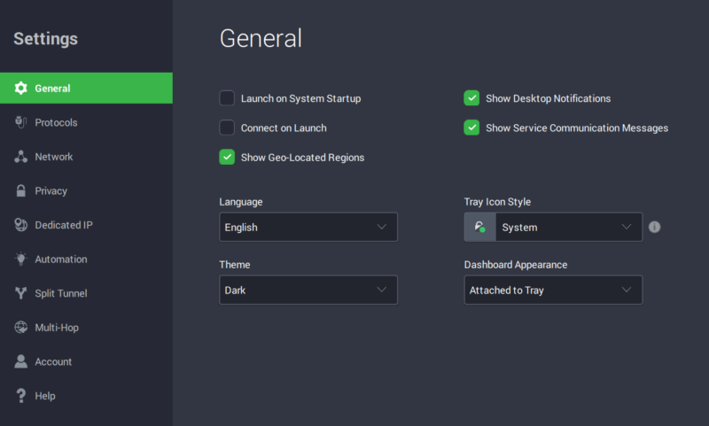 PIA general settings