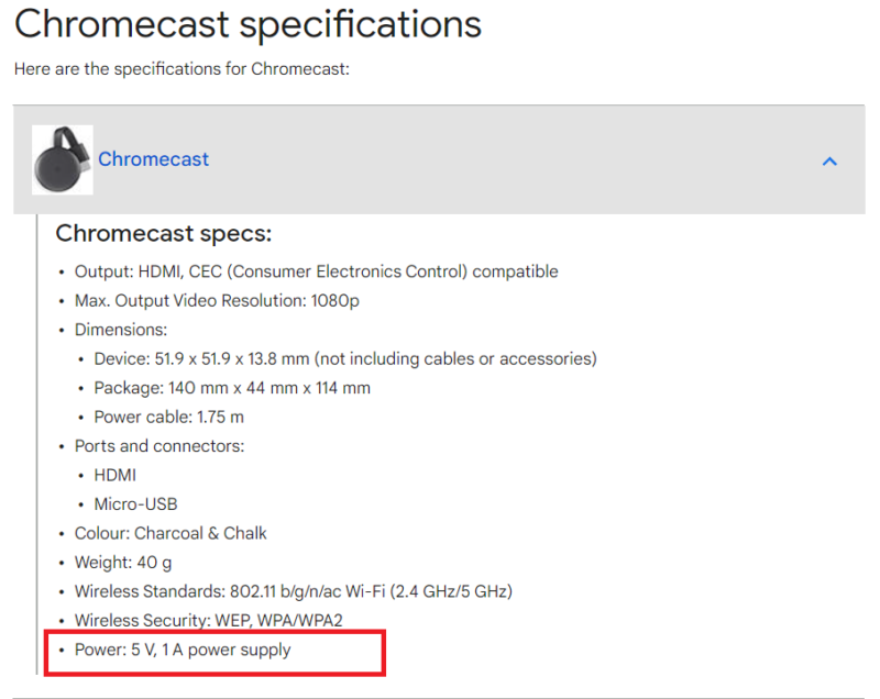 chromecast specifications