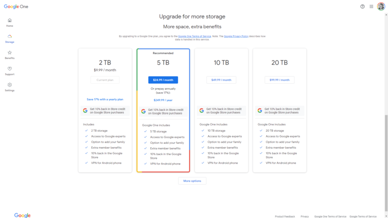 google one storage plans