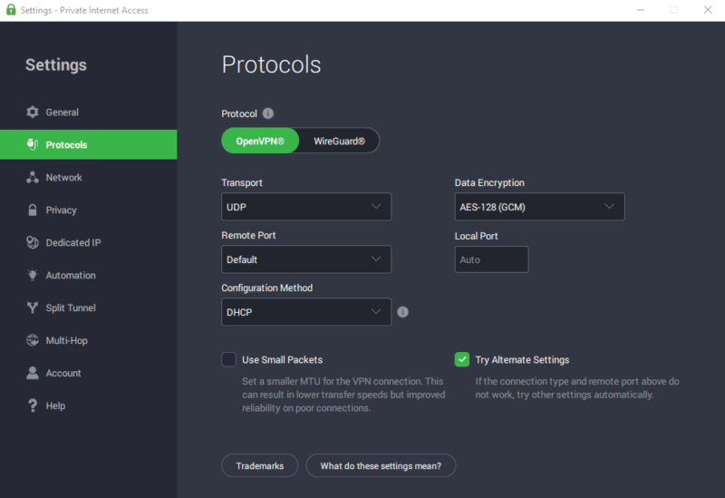 pia protocol settings