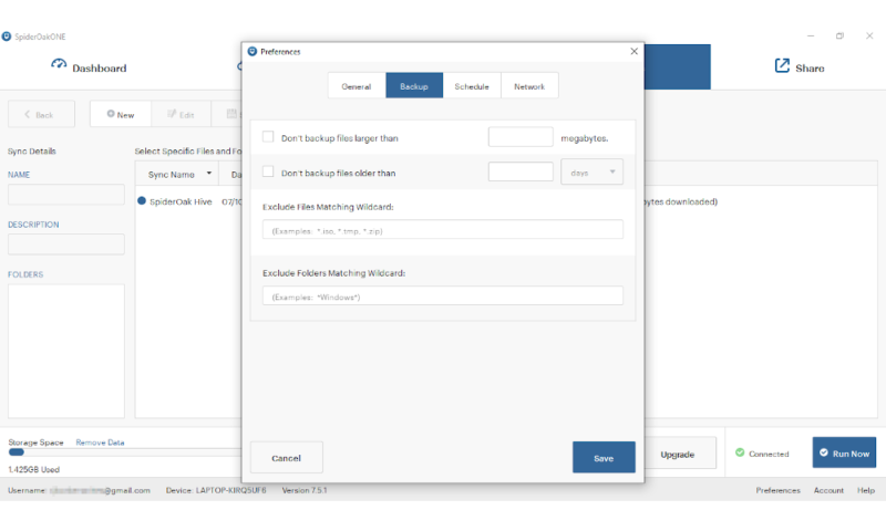 spideroak limit backup files