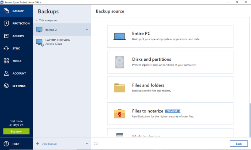 acronis review types of backup
