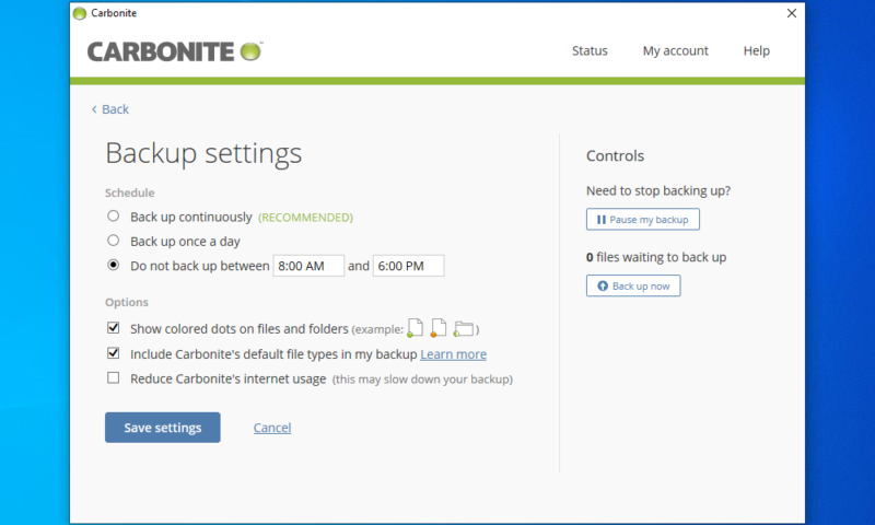 carbonite review settings